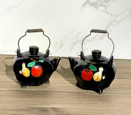 Vintage Mini Black Glazed Tea Pot Hand Painted Salt and Pepper Shakers Made in Japan Metal Wire Handles TheBrokenBird Company S&P shakers modern kitchen tea lovers