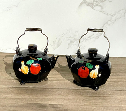 Vintage Mini Black Glazed Tea Pot Hand Painted Salt and Pepper Shakers Made in Japan Metal Wire Handles TheBrokenBird Company S&P shakers modern kitchen tea lovers