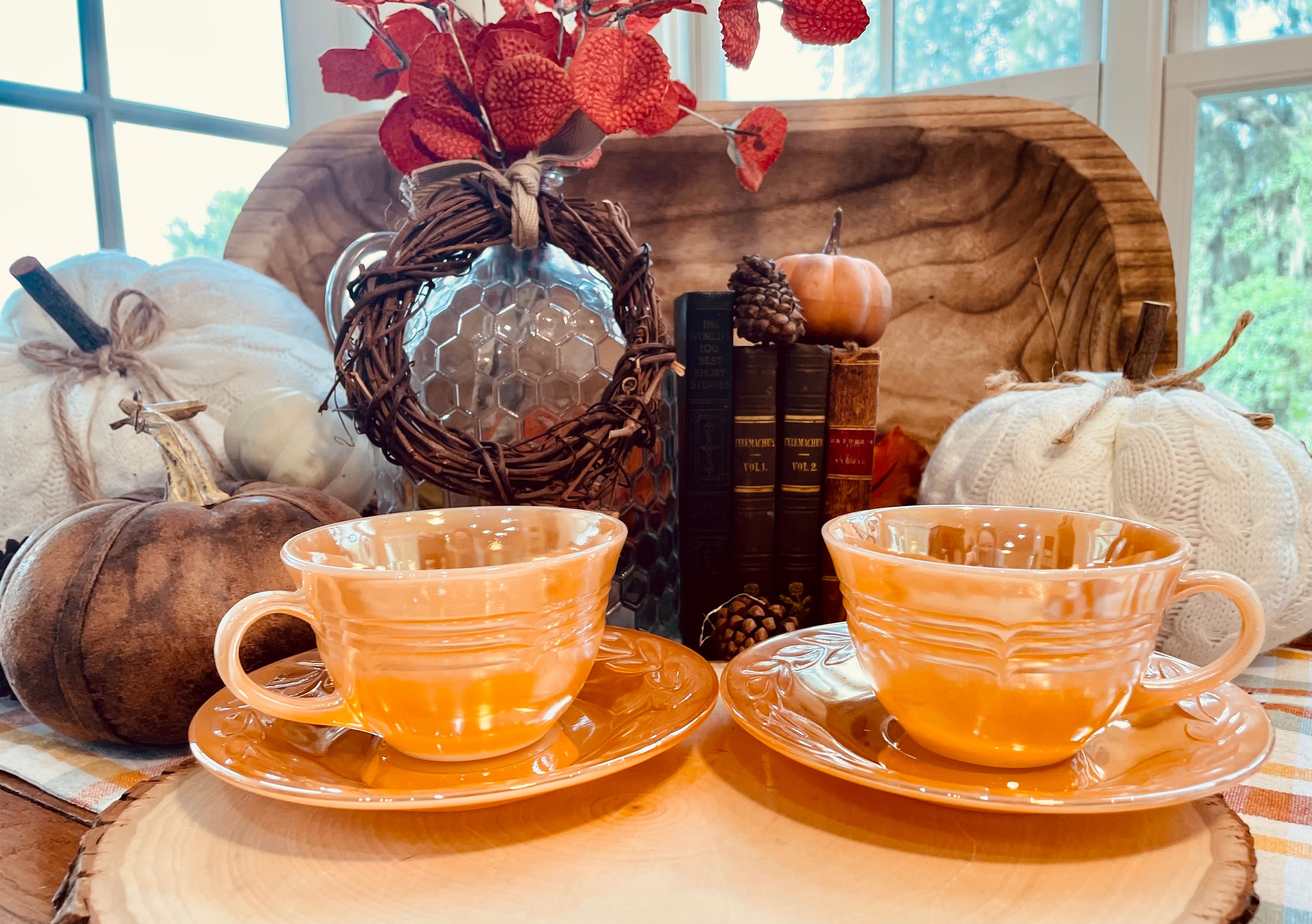 Vintage 1950s Fire King Laurel Leaf Peach Lusterware Tea Gift Set