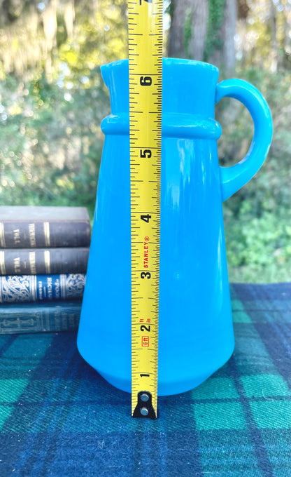 vintage french opaline pitcher, blue opaline glass pitcher, antique french opaline, raised base mark glass, swirl mark opaline, portieux vallerysthal style, 6 inch blue opaline jug, hand blown french pitcher, robins egg blue creamer, embossed mold mark glassware, collectible french milk glass, turquoise opaline pitcher, victorian blue opaline, french opaline with base mark victorian decor french victorian decor 19th century antiques ocean blue glass thebrokenbirdcompany free shipping