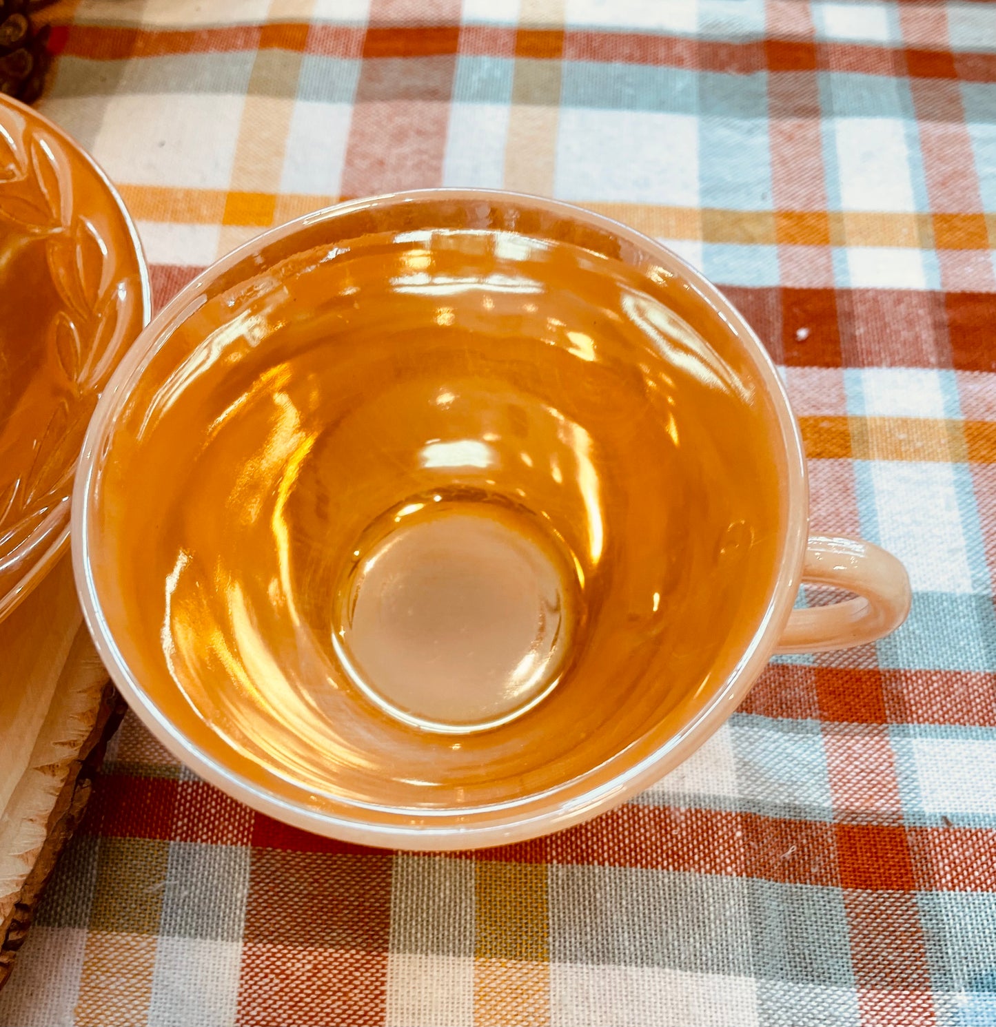 Vintage 1950s Fire King Laurel Leaf Peach Lusterware Tea Gift Set for 2 tea set vintage gift kitchenware iridescent marigold orange glass rare tea set  Thebrokenbirdcompany free shipping Christmas gift for her free gift wrapping vintage kitchenware iridescent glass anchor hocking glass company