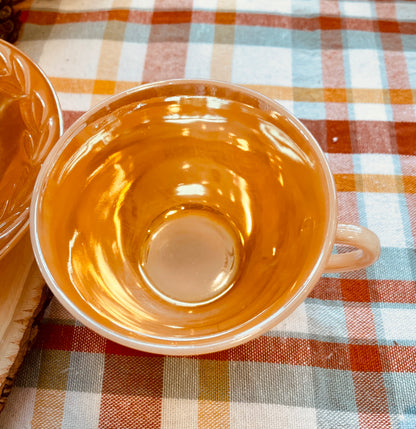 Vintage 1950s Fire King Laurel Leaf Peach Lusterware Tea Gift Set for 2 tea set vintage gift kitchenware iridescent marigold orange glass rare tea set  Thebrokenbirdcompany free shipping Christmas gift for her free gift wrapping vintage kitchenware iridescent glass anchor hocking glass company