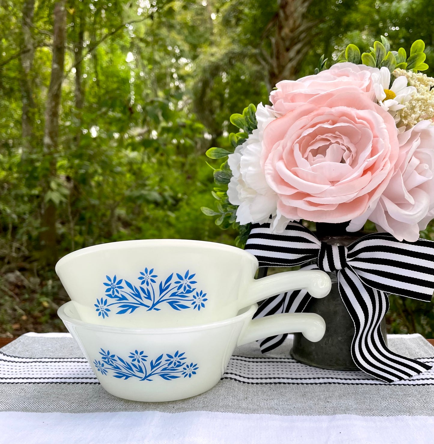 Antique Fire King by Anchor Hocking White Milk Glass and Blue Corn Flower Soup Bowls with Handles Thebrokenbirdcompany vintage soup bowls birthday gift vintage blue and white dishes vintage fire king glass vintage kitchenware 