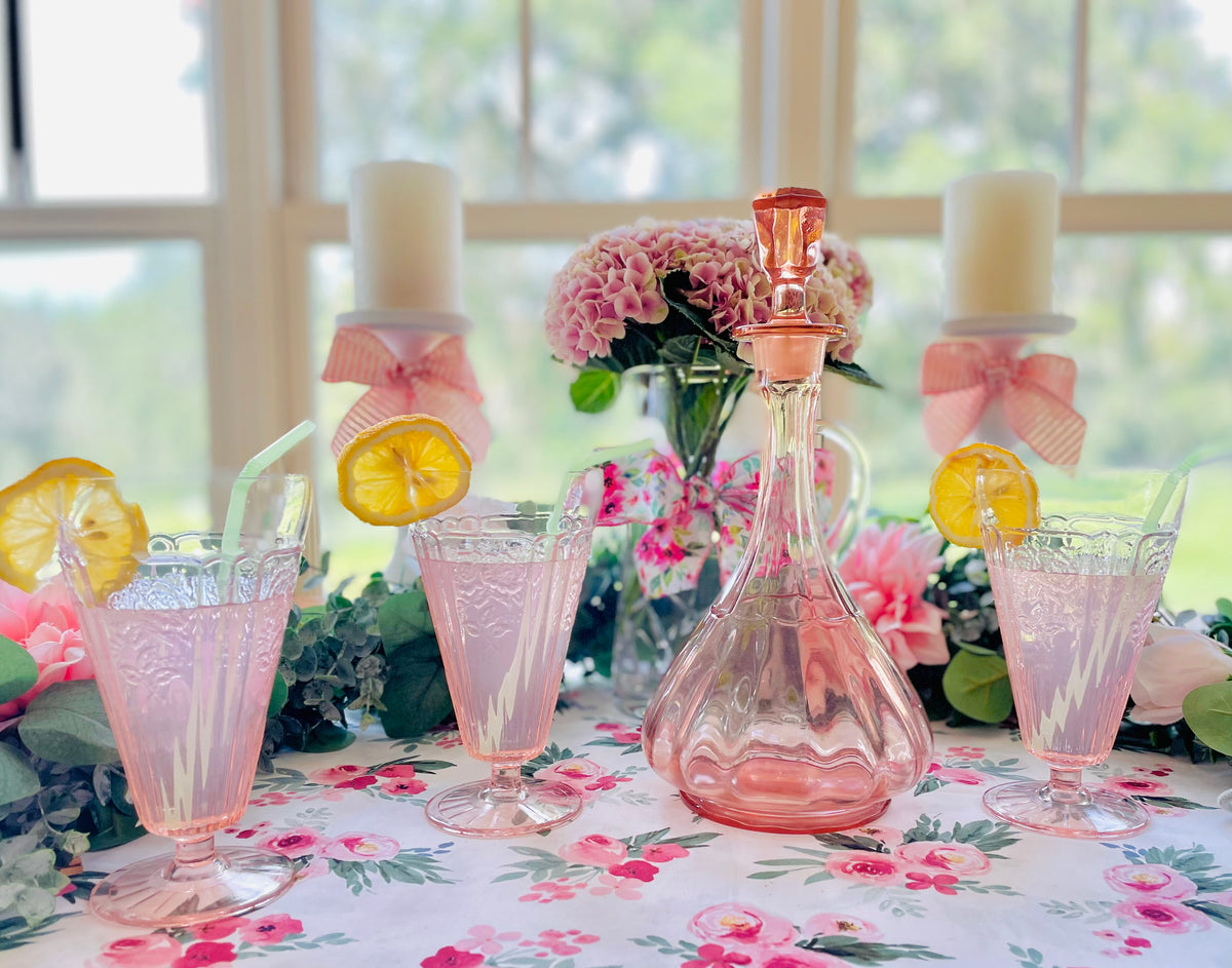 vintage depression glass, pink depression glass, Mayfair Open Rose, Anchor Hocking Mayfair, Hocking Glass Open Rose, 1930s pink glass, footed iced tea tumbler, pedestal glass cup, pink rose glassware, Depression era glass, collectible pink glass, 6.75 inch footed tumbler, sunburst base glass, cottagecore glassware, vintage parfait glass, pink floral glass, 1931-1937 Antique Anchor Hocking Mayfair Open Rose Pink Depression Glass Footed Iced Tea Cups 3 Thebrokenbirdcompany pink ice tea glasses antique glass
