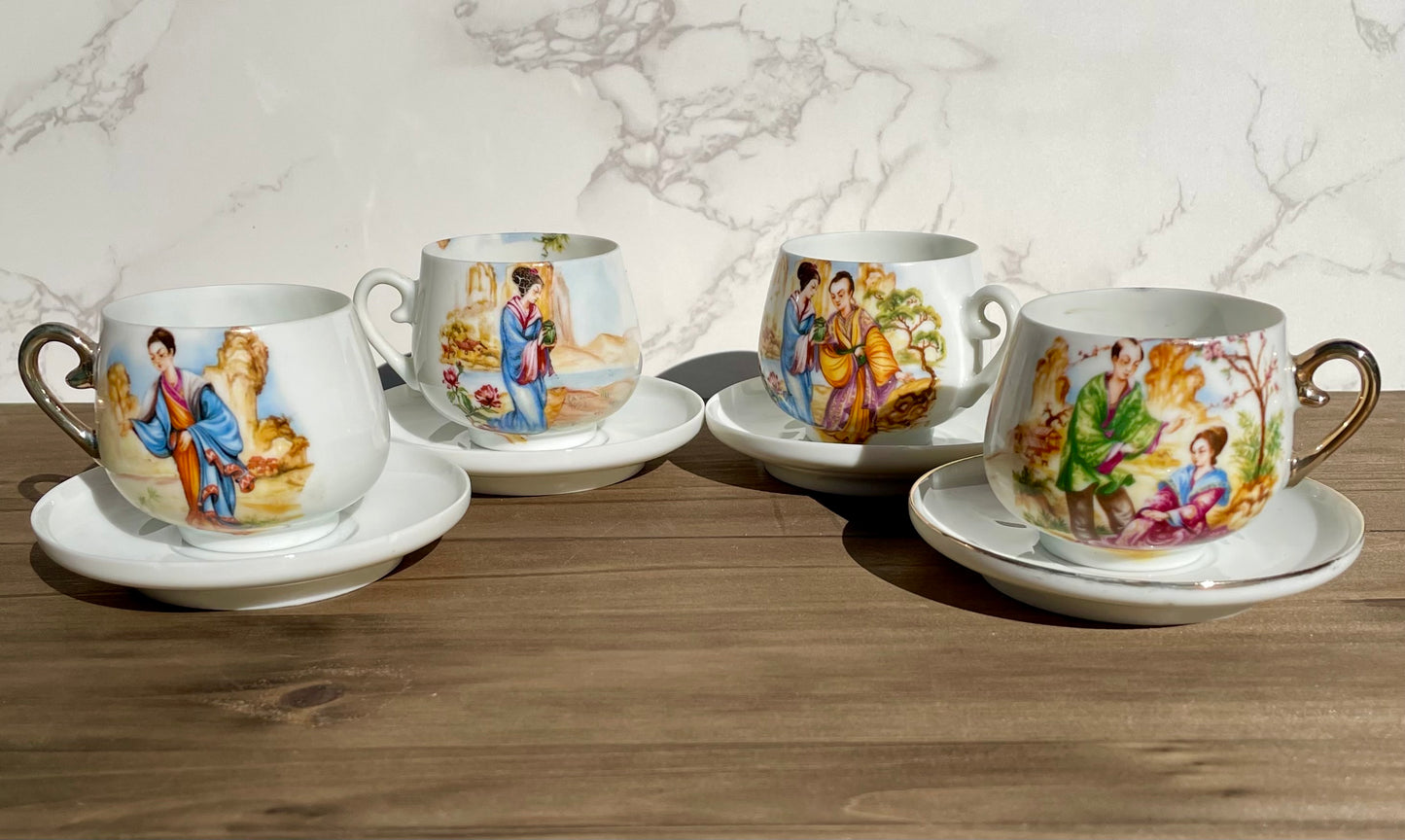 antique japanese lady lithophane kutani tea cup set had painted gold handle made in japan lithophane lady face on bottom of cup set of 4 rare cups Maryland China asain kitchen asain decor rare 1930s tea set free shipping christmas housewarming gift for her rare gift thebrokenbirdcompany