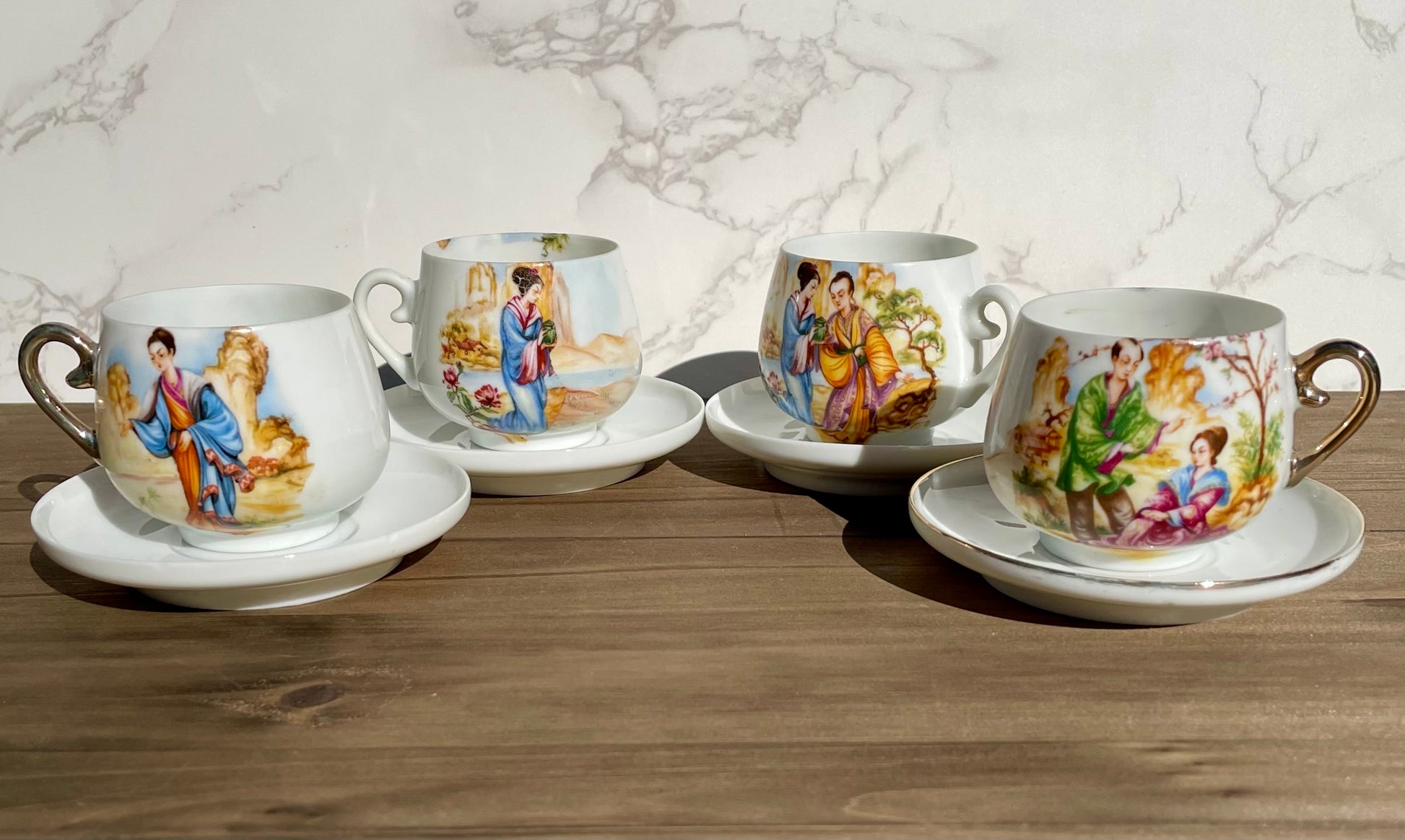 antique japanese lady lithophane kutani tea cup set had painted gold handle made in japan lithophane lady face on bottom of cup set of 4 rare cups Maryland China asain kitchen asain decor rare 1930s tea set free shipping christmas housewarming gift for her rare gift thebrokenbirdcompany