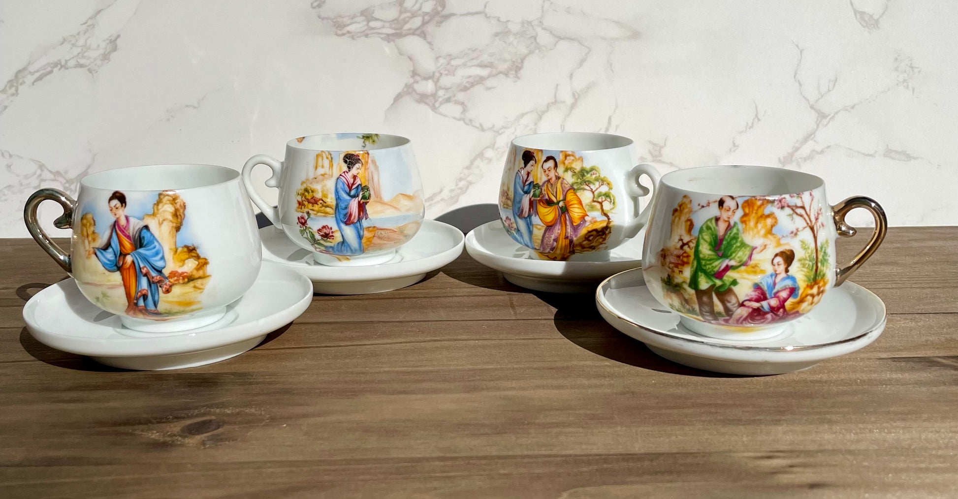 antique japanese lady lithophane kutani tea cup set had painted gold handle made in japan lithophane lady face on bottom of cup set of 4 rare cups Maryland China asain kitchen asain decor rare 1930s tea set free shipping christmas housewarming gift for her rare gift thebrokenbirdcompany