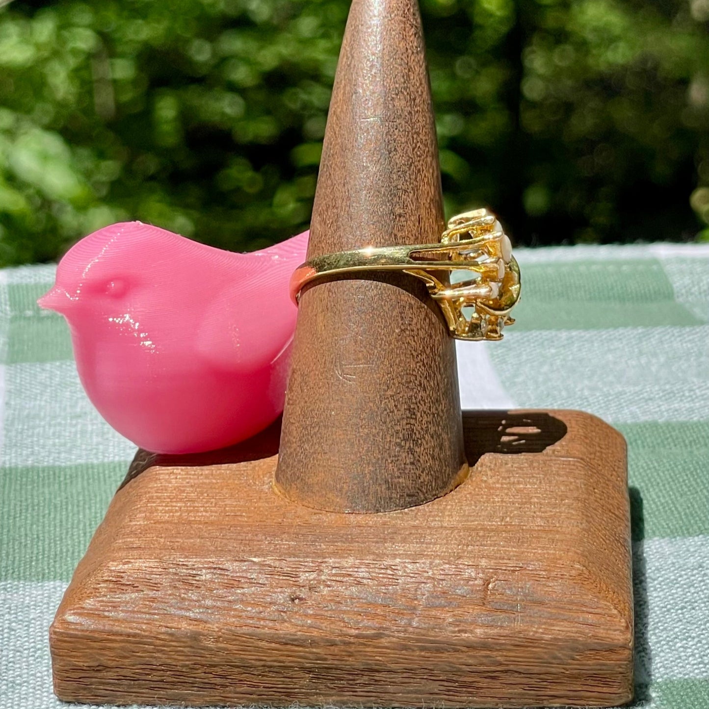 vintage_opal_and_lab_created_diamonds_on_gold_tone_ring_thebrokenbirdcompany_free_shipping_vintage_jewleryvintage opal and lab grown diamond leaf style statement ring avon vintage ring size 8.5 gift thebrokembirdcompany gift shiny ring 5 stone