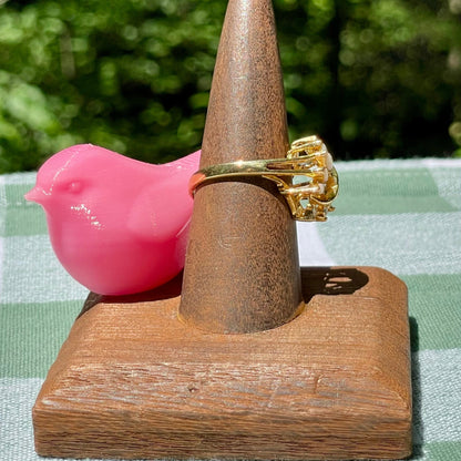vintage_opal_and_lab_created_diamonds_on_gold_tone_ring_thebrokenbirdcompany_free_shipping_vintage_jewleryvintage opal and lab grown diamond leaf style statement ring avon vintage ring size 8.5 gift thebrokembirdcompany gift shiny ring 5 stone