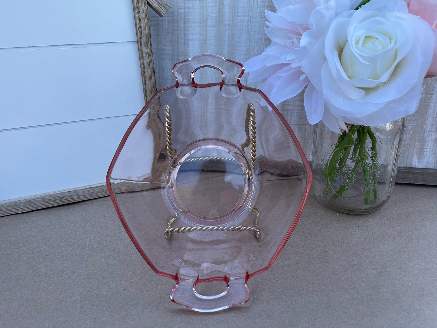 pink depression glass cereal bowl 1930s imperial glass company pink bowl handles ornate Thebrokenbirdcompany ice cream bowl kitchen dishes antique glass antique dishes Pink fancy bowl new house gift birthday gift free gift wrapping pink glass cute