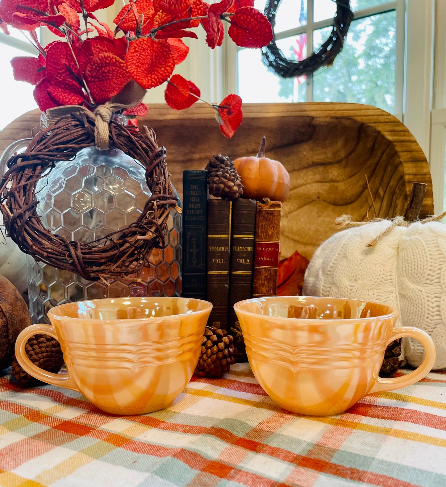 Vintage 1950s Fire King Laurel Leaf Peach Lusterware Tea Gift Set for 2