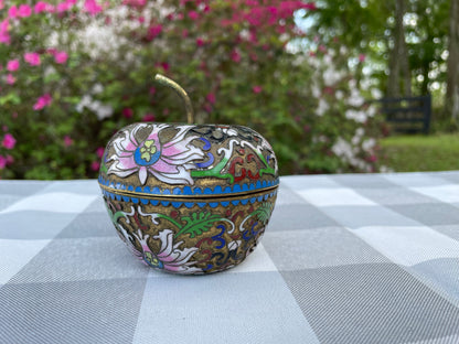 cloisonne trinket box, vintage cloisonne, apple shaped trinket box, chinese enamel box, floral cloisonne decor, gilded brass apple box, antique style trinket holder, enamel jewelry box, oriental apple container, collectible cloisonne apple, mid century chinese export, colorful enamel keepsake box, brass and enamel decor, asian vintage trinket, pink floral apple box Cloisonné Apple trinket box brass mid century modern