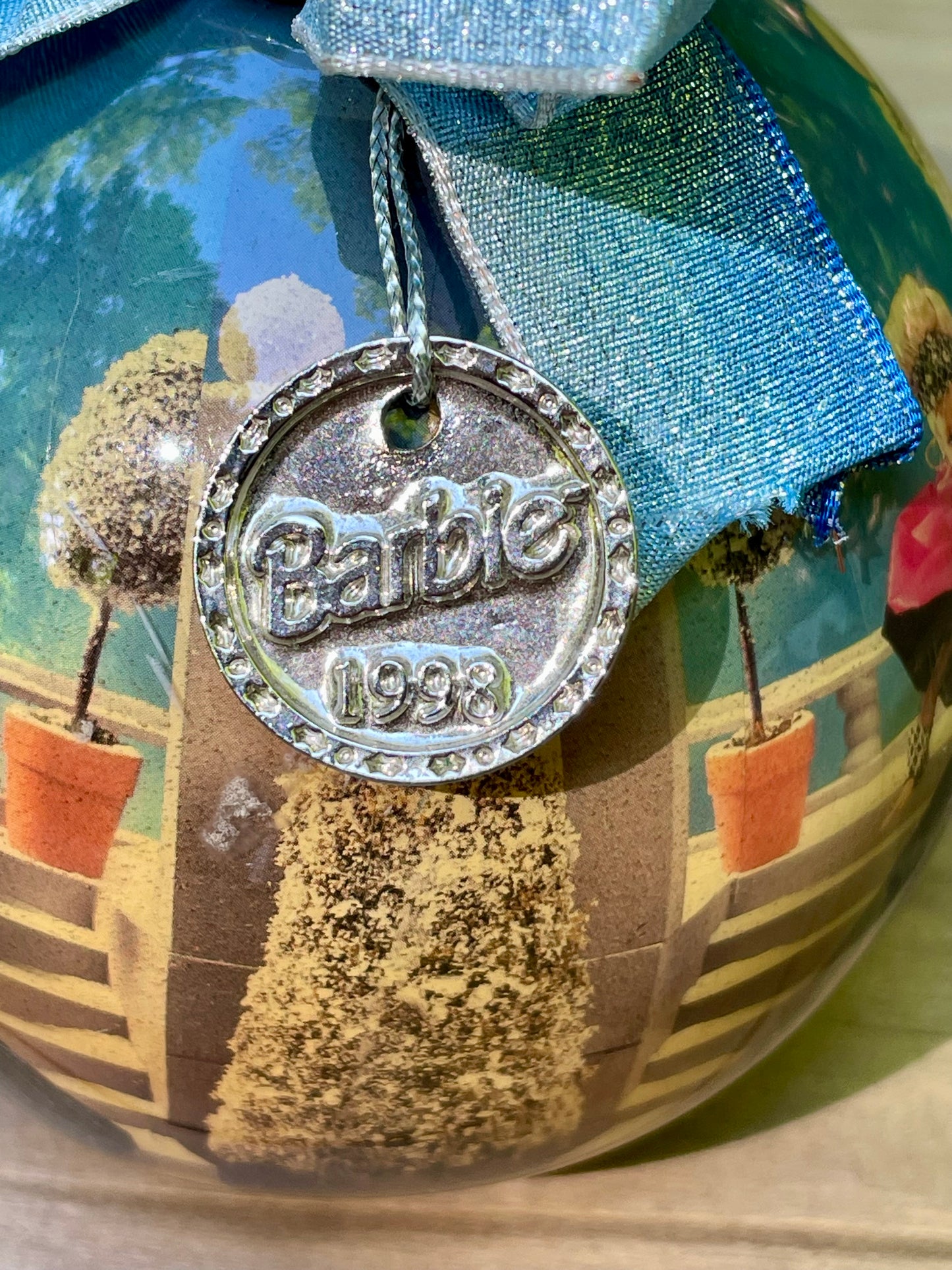 1998 holiday Barbie Christmas ornament blue bow silver tag gift for mom vintage Barbie collector Barbie lover gift Thebrokenbirdcompany Black dress Barbie Christmas decor free shipping 