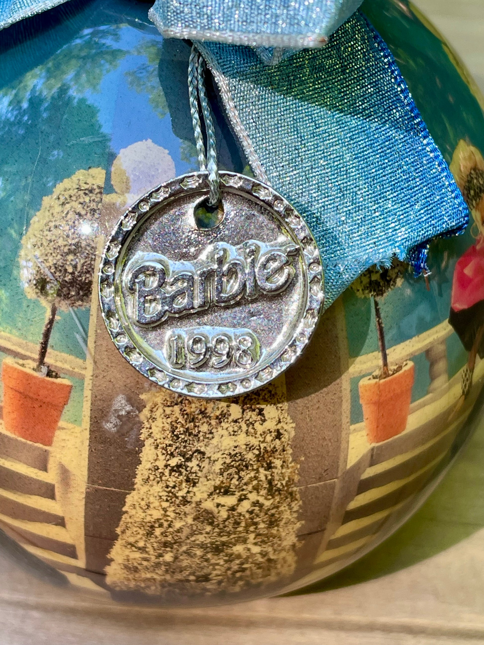 1998 holiday Barbie Christmas ornament blue bow silver tag gift for mom vintage Barbie collector Barbie lover gift Thebrokenbirdcompany Black dress Barbie Christmas decor free shipping 