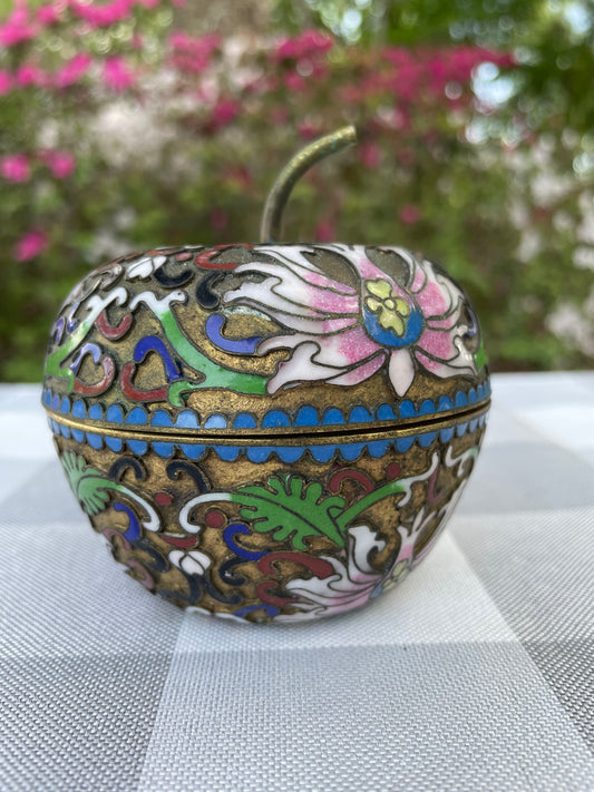 cloisonne trinket box, vintage cloisonne, apple shaped trinket box, chinese enamel box, floral cloisonne decor, gilded brass apple box, antique style trinket holder, enamel jewelry box, oriental apple container, collectible cloisonne apple, mid century chinese export, colorful enamel keepsake box, brass and enamel decor, asian vintage trinket, pink floral apple box Cloisonné Apple trinket box brass mid century modern