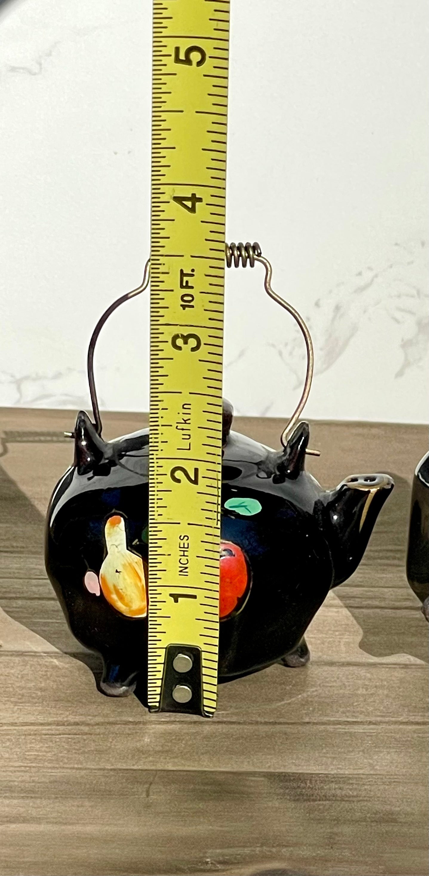 Vintage Mini Black Glazed Tea Pot Hand Painted Salt and Pepper Shakers Made in Japan Metal Wire Handles TheBrokenBird Company S&P shakers modern kitchen tea lovers