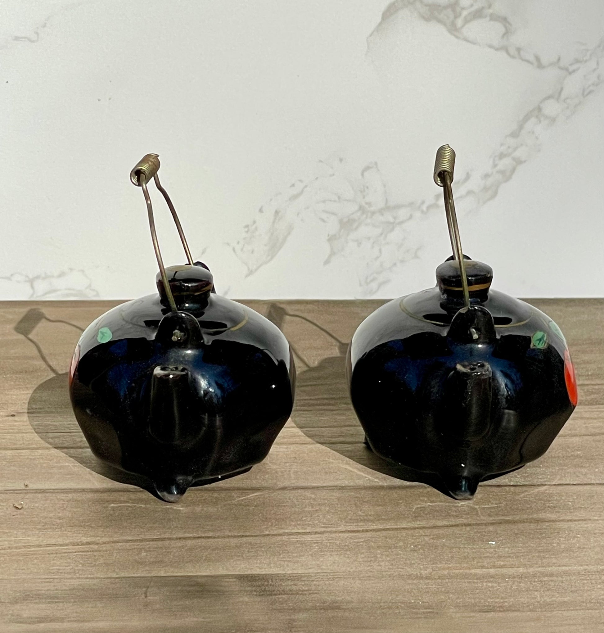 Vintage Mini Black Glazed Tea Pot Hand Painted Salt and Pepper Shakers Made in Japan Metal Wire Handles TheBrokenBird Company S&P shakers modern kitchen tea lovers