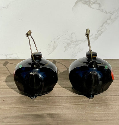 Vintage Mini Black Glazed Tea Pot Hand Painted Salt and Pepper Shakers Made in Japan Metal Wire Handles TheBrokenBird Company S&P shakers modern kitchen tea lovers