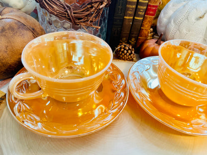 Vintage 1950s Fire King Laurel Leaf Peach Lusterware Tea Gift Set for 2 tea set vintage gift kitchenware iridescent marigold orange glass rare tea set  Thebrokenbirdcompany free shipping Christmas gift for her free gift wrapping vintage kitchenware iridescent glass anchor hocking glass company