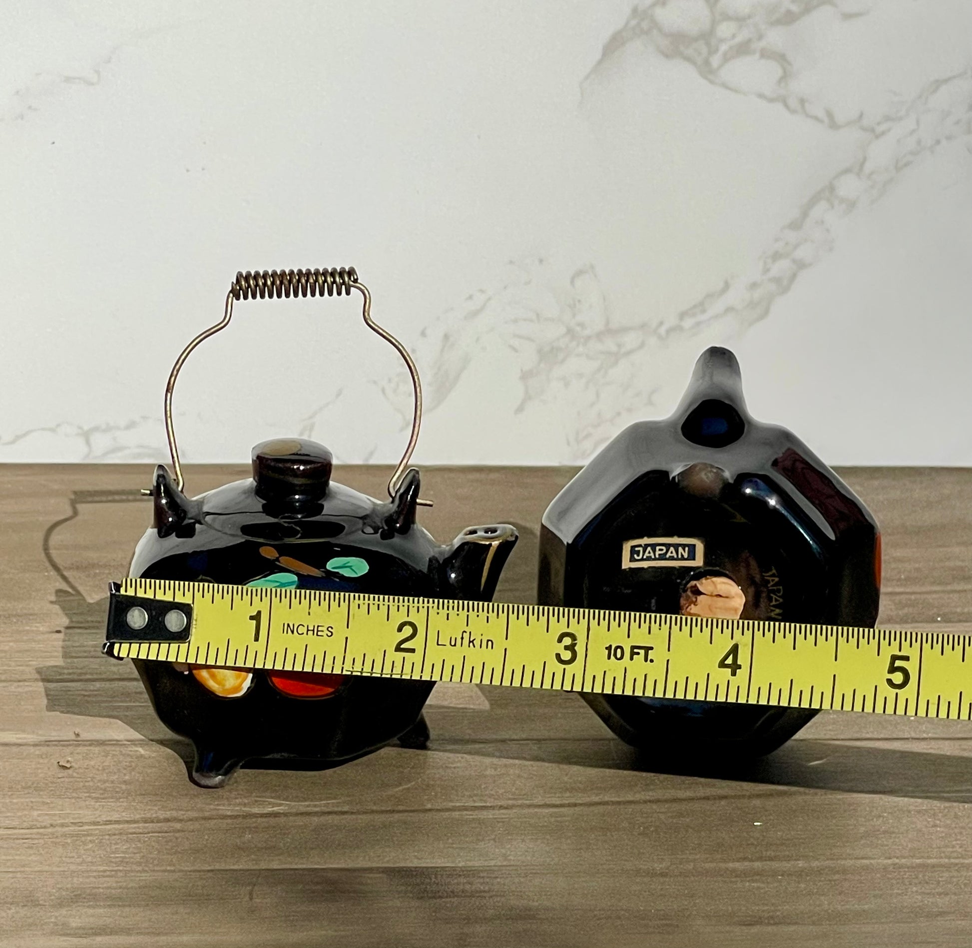 Vintage Mini Black Glazed Tea Pot Hand Painted Salt and Pepper Shakers Made in Japan Metal Wire Handles TheBrokenBird Company S&P shakers modern kitchen tea lovers
