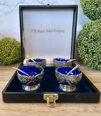 Vintage f b Rogers silver company salt sellers condiment cups party serving ware cobalt blue glass silver spoons and cups sauce cups blue glass vintage kitchenware free shipping silver and blue kitchenware party supplies wedding serving Thebrokenbirdcompany 