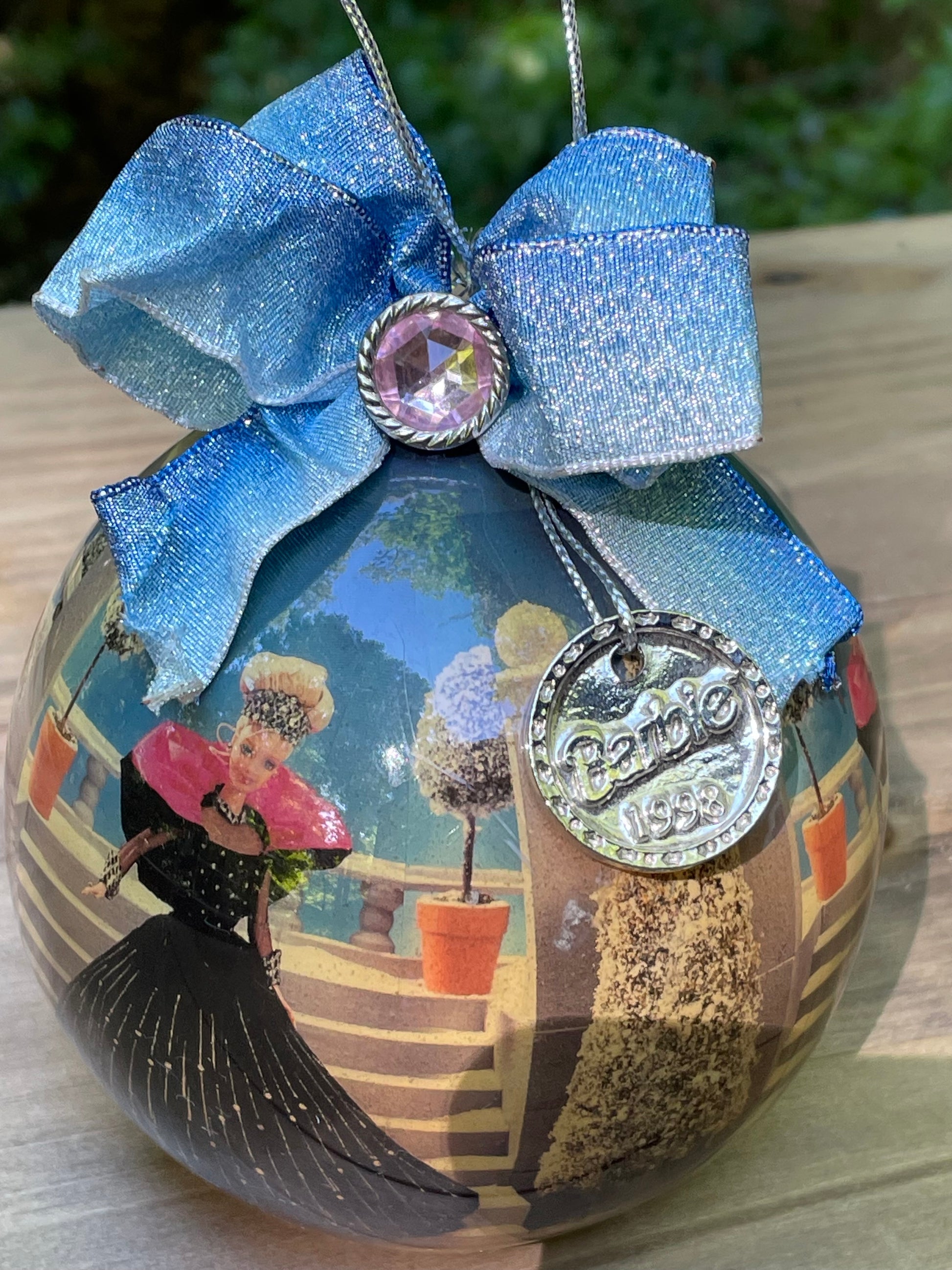 1998 holiday Barbie Christmas ornament blue bow silver tag gift for mom vintage Barbie collector Barbie lover gift Thebrokenbirdcompany Black dress Barbie Christmas decor free shipping 