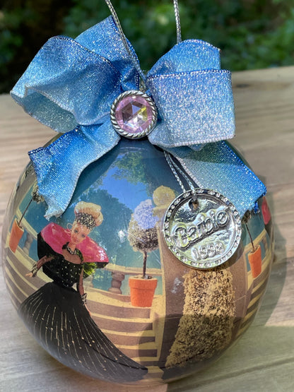 1998 holiday Barbie Christmas ornament blue bow silver tag gift for mom vintage Barbie collector Barbie lover gift Thebrokenbirdcompany Black dress Barbie Christmas decor free shipping 