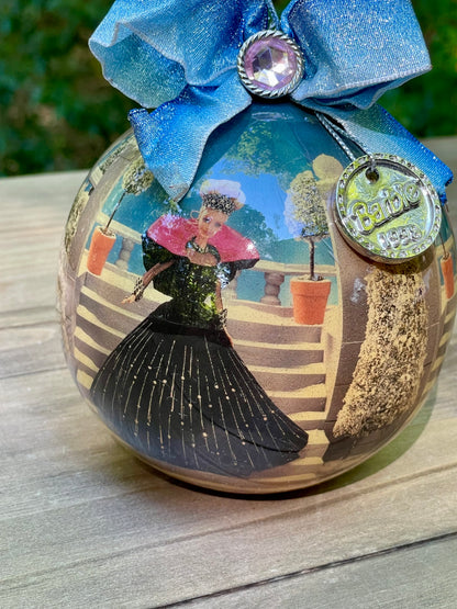 1998 holiday Barbie Christmas ornament blue bow silver tag gift for mom vintage Barbie collector Barbie lover gift Thebrokenbirdcompany Black dress Barbie Christmas decor free shipping 