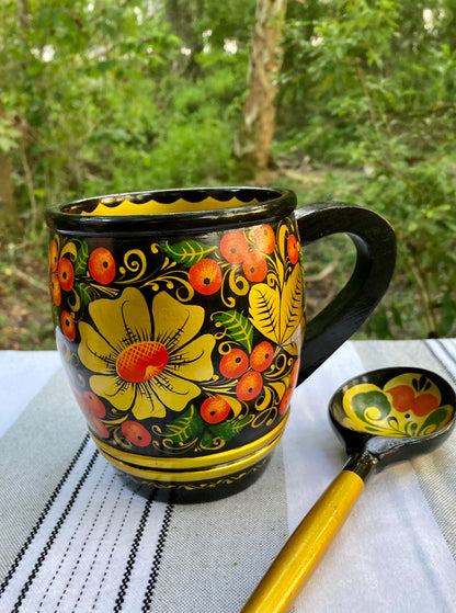 Vintage Russian Khokhloma 3-Piece Hand-Painted Lacquered Wooden Bowl, Mug & Spoon Set – Traditional Folk Art Berries & Flowers