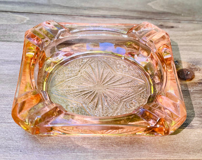 pink depression glass ashtray, vintage Jeannette Adam pattern, 1930s depression era glassware, square pink glass dish, collectible depression glass, antique pink ashtray, Adam pattern Jeannette, retro glass trinket tray, pink vintage smoking accessory, depression glass collector item, 3 inch square ashtray, starburst design glass, nostalgic pink decor