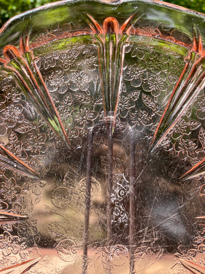 pink depression glass, Mayfair Open Rose, Anchor Hocking glass, vintage serving tray, handled glass plate, floral pattern glass, depression era collectible, 1930s glassware, rose motif tray, pink glass platter, antique serving dish, molded depression glass, Open Rose pattern, vintage pink tray, collectible glassware thebrokenbirdcompany vintage kitchenware gift for her spring serving plate pink plate