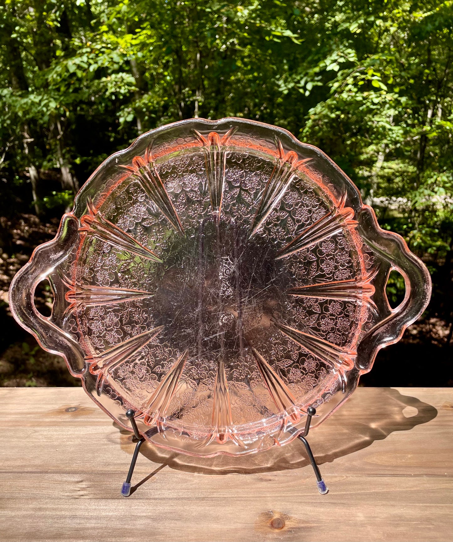 pink depression glass, Mayfair Open Rose, Anchor Hocking glass, vintage serving tray, handled glass plate, floral pattern glass, depression era collectible, 1930s glassware, rose motif tray, pink glass platter, antique serving dish, molded depression glass, Open Rose pattern, vintage pink tray, collectible glassware thebrokenbirdcompany vintage kitchenware gift for her spring serving plate pink plate