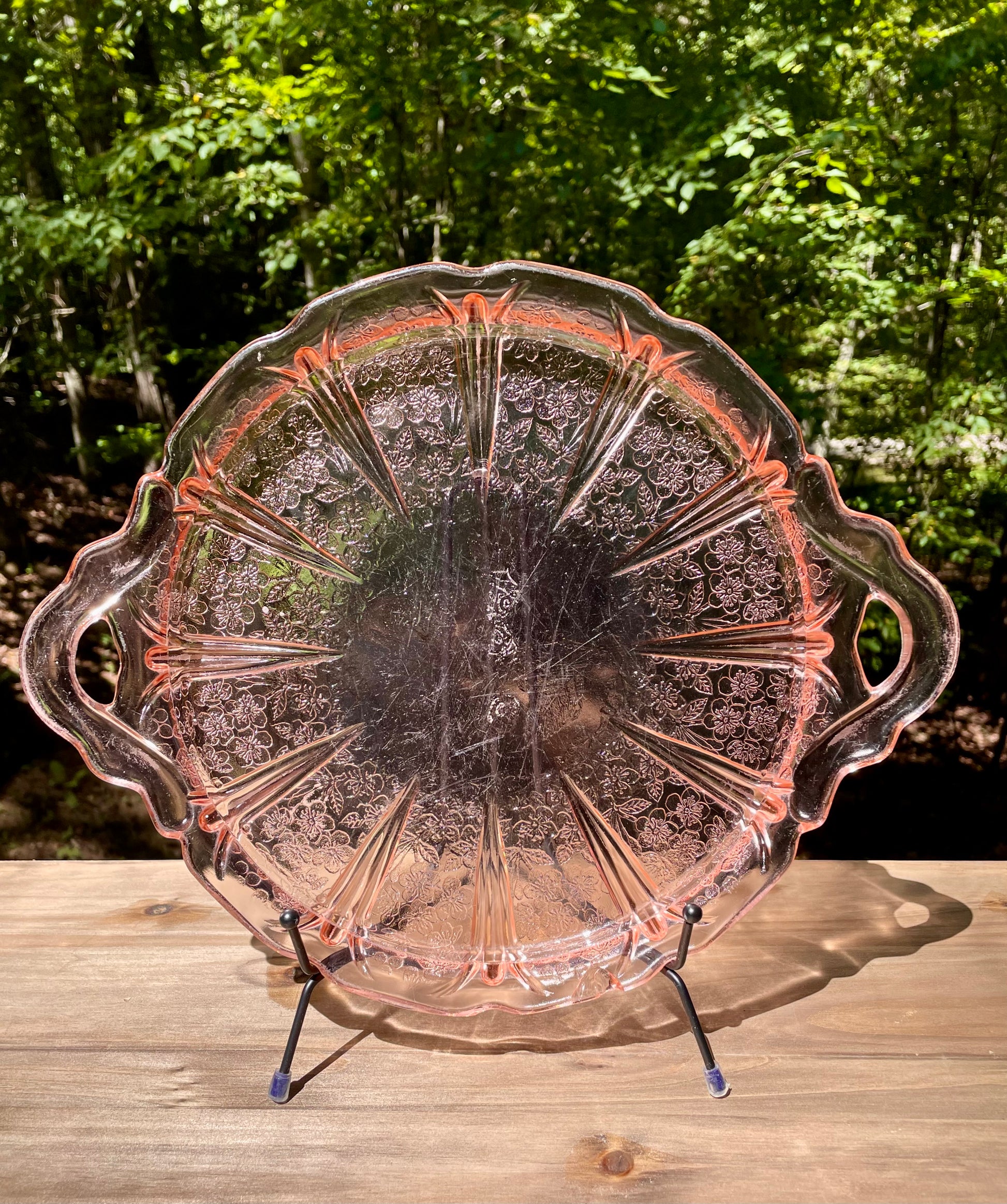 pink depression glass, Mayfair Open Rose, Anchor Hocking glass, vintage serving tray, handled glass plate, floral pattern glass, depression era collectible, 1930s glassware, rose motif tray, pink glass platter, antique serving dish, molded depression glass, Open Rose pattern, vintage pink tray, collectible glassware thebrokenbirdcompany vintage kitchenware gift for her spring serving plate pink plate