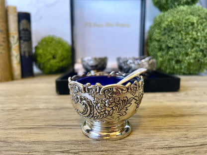 Vintage f b Rogers silver company salt sellers condiment cups party serving ware cobalt blue glass silver spoons and cups sauce cups blue glass vintage kitchenware free shipping silver and blue kitchenware party supplies wedding serving Thebrokenbirdcompany