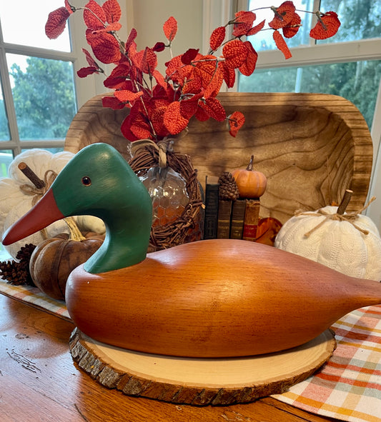 Vintage Oak Carved Duck Decoy Green Head Large Decoy Office Decor Country Themed Home Decor wood duck decoy office decor Christmas gift decoy hunter gift man cave decor lake house farmhouse country decor birthday gift gift for him gift for redneck Thebrokenbirdcompany free shipping duck wood duck statue green head duck 