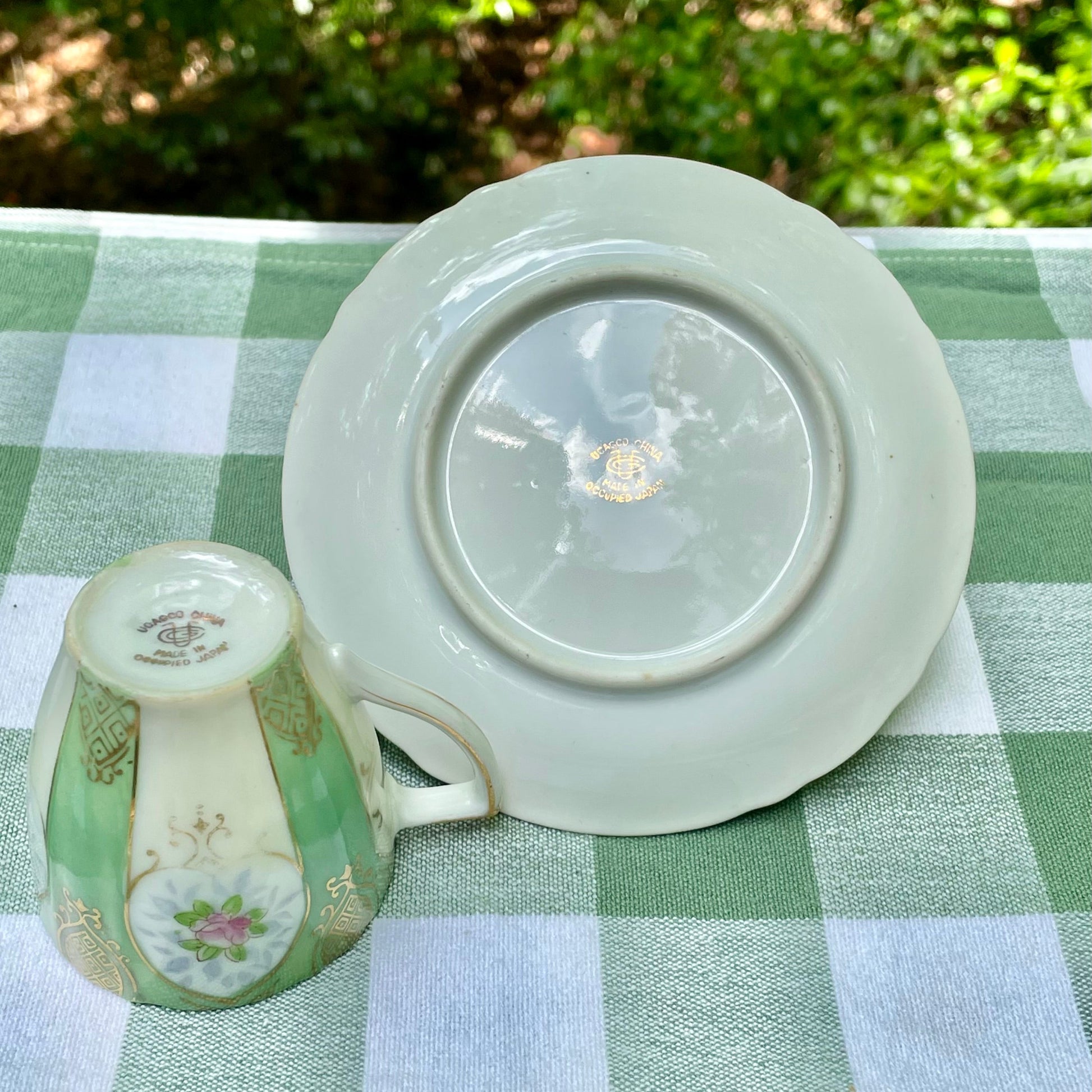 Teacup and saucer on a green checkered tablecloth with a blurred natural background