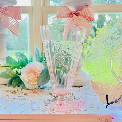 vintage depression glass, pink depression glass, Mayfair Open Rose, Anchor Hocking Mayfair, Hocking Glass Open Rose, 1930s pink glass, footed iced tea tumbler, pedestal glass cup, pink rose glassware, Depression era glass, collectible pink glass, 6.75 inch footed tumbler, sunburst base glass, cottagecore glassware, vintage parfait glass, pink floral glass, 1931-1937 Antique Anchor Hocking Mayfair Open Rose Pink Depression Glass Footed Iced Tea Cups 3 Thebrokenbirdcompany pink ice tea glasses antique glass