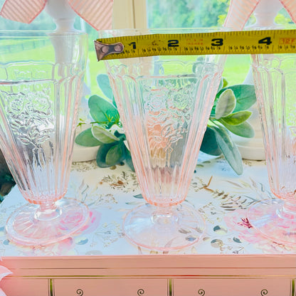 vintage depression glass, pink depression glass, Mayfair Open Rose, Anchor Hocking Mayfair, Hocking Glass Open Rose, 1930s pink glass, footed iced tea tumbler, pedestal glass cup, pink rose glassware, Depression era glass, collectible pink glass, footed tumbler, sunburst base glass, cottagecore glassware, vintage parfait glass, pink floral glass, 1931-1937 Antique Anchor Hocking Mayfair Open Rose Pink Depression Glass Footed Iced Tea Cups 3 Thebrokenbirdcompany pink ice tea glasses antique glass
