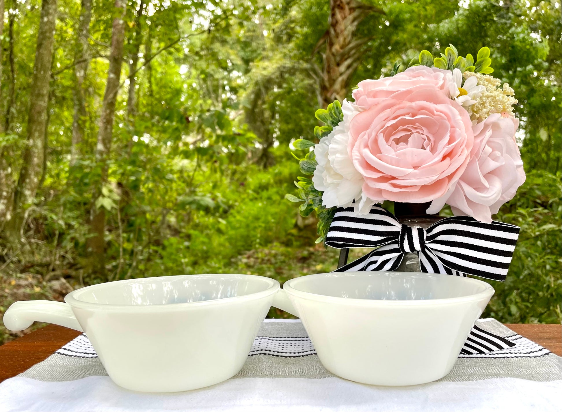 Antique Fire King by Anchor Hocking White Milk Glass and Blue Corn Flower Soup Bowls with Handles Thebrokenbirdcompany vintage soup bowls birthday gift vintage blue and white dishes vintage fire king glass vintage kitchenware 