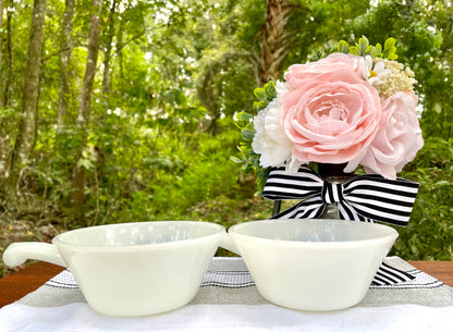 Antique Fire King by Anchor Hocking White Milk Glass and Blue Corn Flower Soup Bowls with Handles Thebrokenbirdcompany vintage soup bowls birthday gift vintage blue and white dishes vintage fire king glass vintage kitchenware 