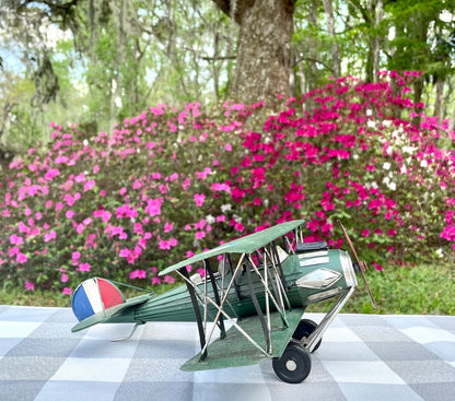 Green prop plane model of WW1 French propeller fighter plane metal scale model airplane collectors item collectible prop plane gift for him office decor veteran gift 