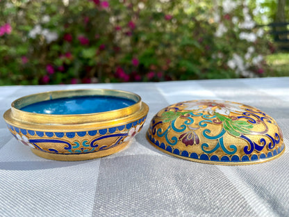 Vintage Cloisonné powder jar enamel paint lily flower floral cloisonné, Chinese cloisonne, cloisonne enamel, vintage cloisonne, powder jar, powder box, trinket box, jewelry box, keepsake box, Asian decor, chinoiserie, gold floral, turquoise enamel, blue enamel interior, floral cloisonne, Chinese enamel box, mid century Asian, Oriental box, enamel jar, gilt cloisonne, 3 inch cloisonne Thebrokenbirdcompany free shipping Christmas gift 