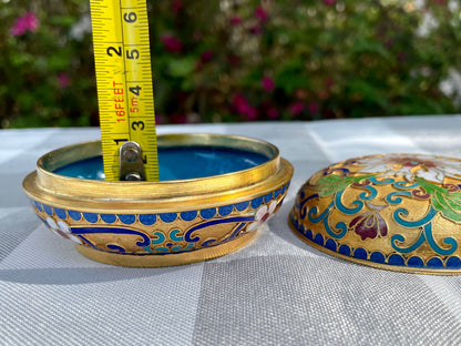Vintage Cloisonné powder jar enamel paint lily flower floral cloisonné, Chinese cloisonne, cloisonne enamel, vintage cloisonne, powder jar, powder box, trinket box, jewelry box, keepsake box, Asian decor, chinoiserie, gold floral, turquoise enamel, blue enamel interior, floral cloisonne, Chinese enamel box, mid century Asian, Oriental box, enamel jar, gilt cloisonne, 3 inch cloisonne Thebrokenbirdcompany free shipping Christmas gift 