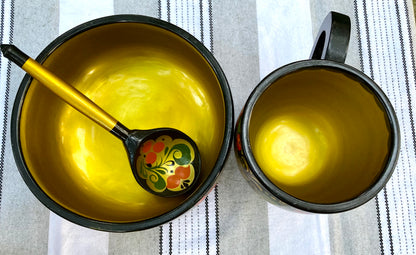 khokhloma, russian khokhloma, vintage khokhloma, russian folk art, hand painted wooden bowl, lacquered wood mug, khokhloma spoon, russian lacquerware, folk art set, painted berries flowers, soviet era khokhloma, traditional russian tableware, wooden cup spoon bowl, yellow floral khokhloma, black background khokhloma, russian souvenir, hohloma painting, khokhloma gift, wooden ladle, folk art mug thebrokenbirdcompany free shipping russian art USSR
