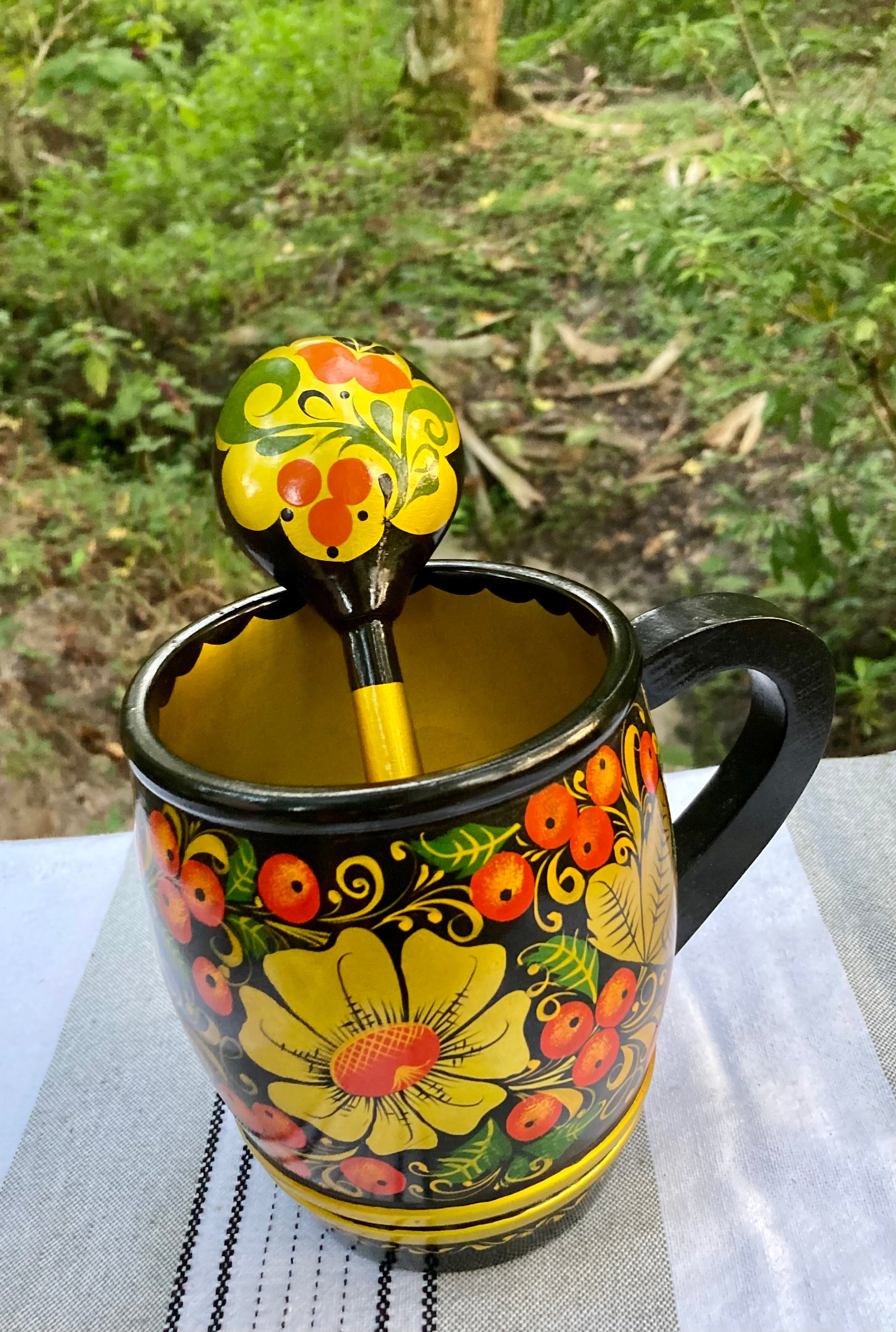 khokhloma, russian khokhloma, vintage khokhloma, russian folk art, hand painted wooden bowl, lacquered wood mug, khokhloma spoon, russian lacquerware, folk art set, painted berries flowers, soviet era khokhloma, traditional russian tableware, wooden cup spoon bowl, yellow floral khokhloma, black background khokhloma, russian souvenir, hohloma painting, khokhloma gift, wooden ladle, folk art mug thebrokenbirdcompany free shipping russian art USSR