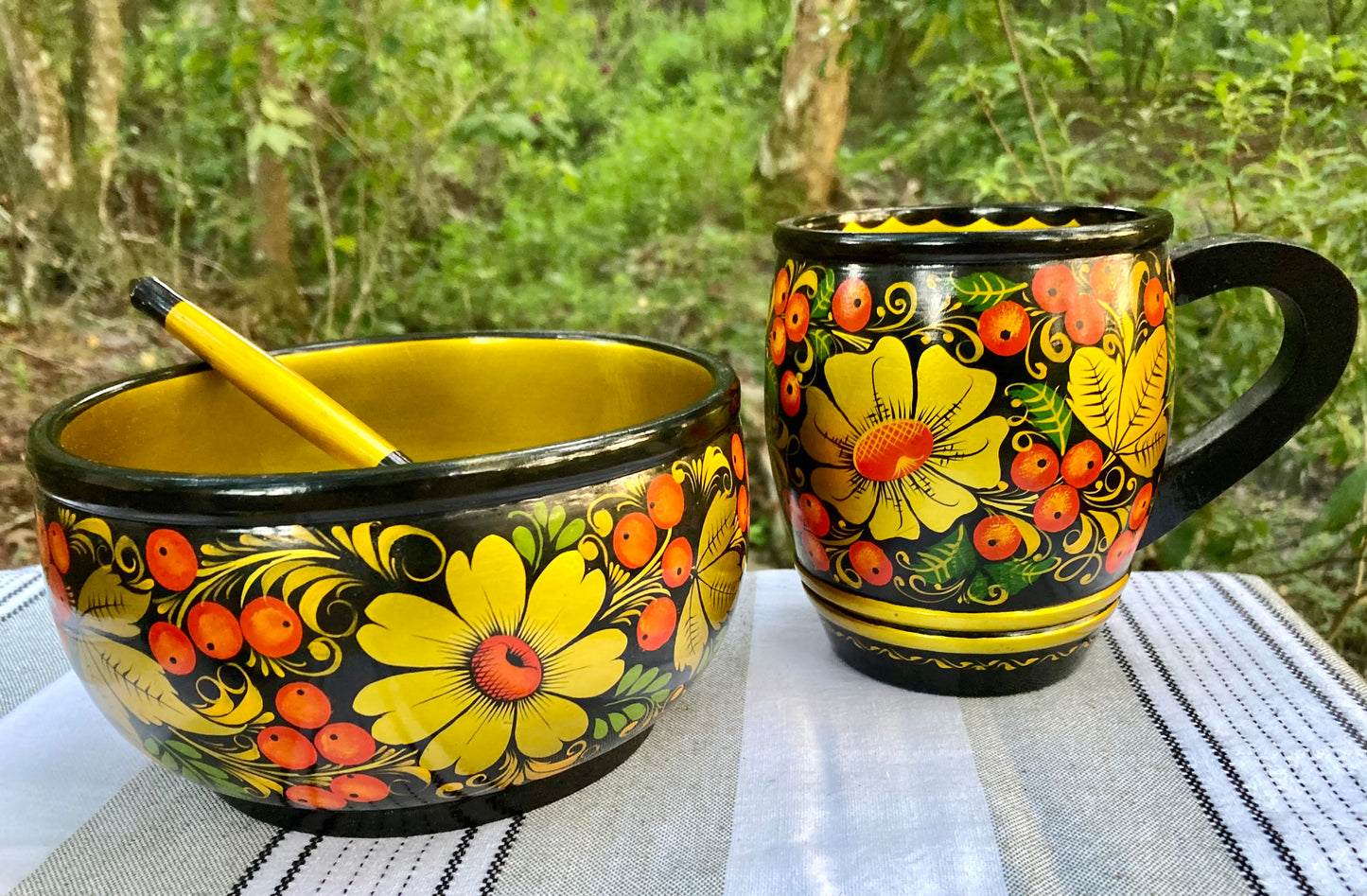 khokhloma, russian khokhloma, vintage khokhloma, russian folk art, hand painted wooden bowl, lacquered wood mug, khokhloma spoon, russian lacquerware, folk art set, painted berries flowers, soviet era khokhloma, traditional russian tableware, wooden cup spoon bowl, yellow floral khokhloma, black background khokhloma, russian souvenir, hohloma painting, khokhloma gift, wooden ladle, folk art mug thebrokenbirdcompany free shipping russian art USSR