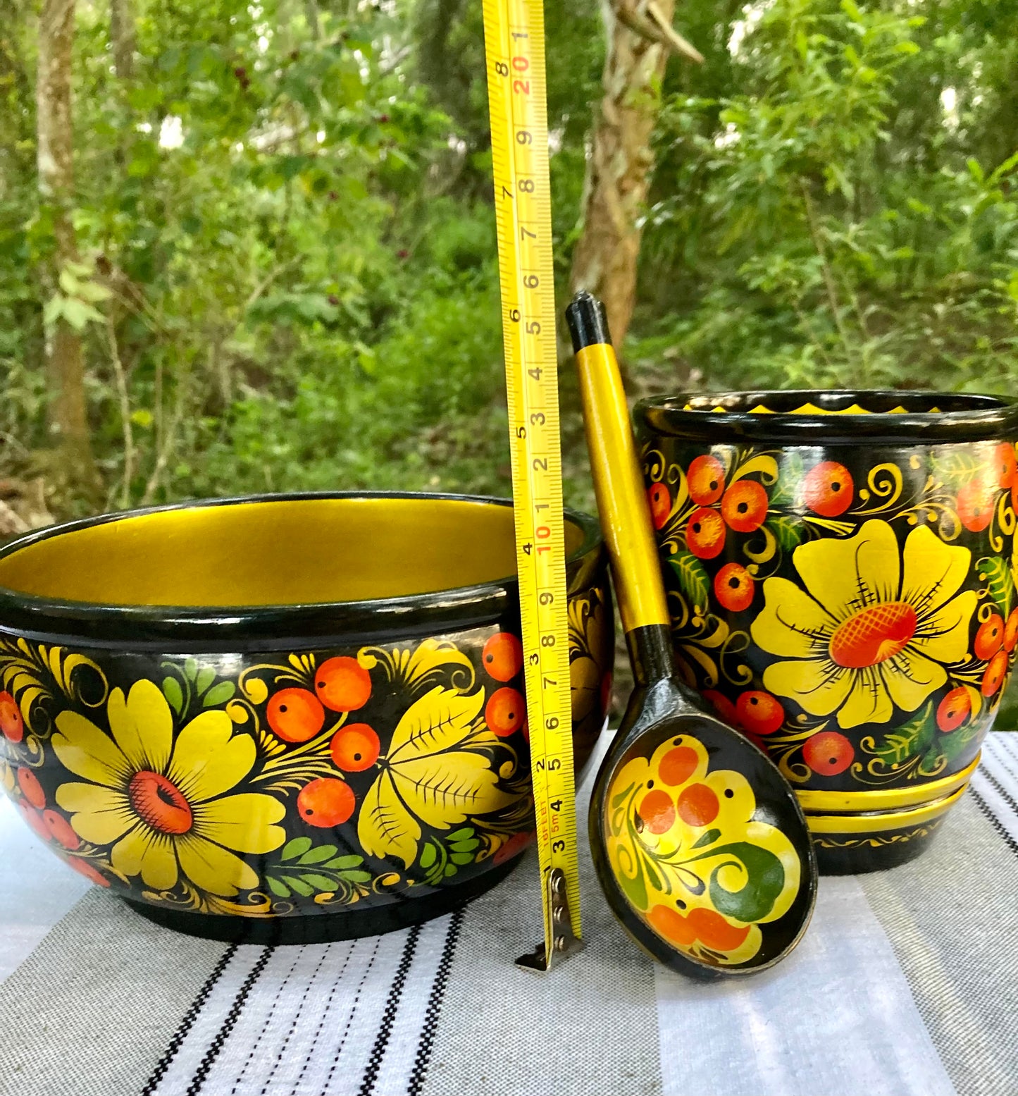 khokhloma, russian khokhloma, vintage khokhloma, russian folk art, hand painted wooden bowl, lacquered wood mug, khokhloma spoon, russian lacquerware, folk art set, painted berries flowers, soviet era khokhloma, traditional russian tableware, wooden cup spoon bowl, yellow floral khokhloma, black background khokhloma, russian souvenir, hohloma painting, khokhloma gift, wooden ladle, folk art mug thebrokenbirdcompany free shipping russian art USSR