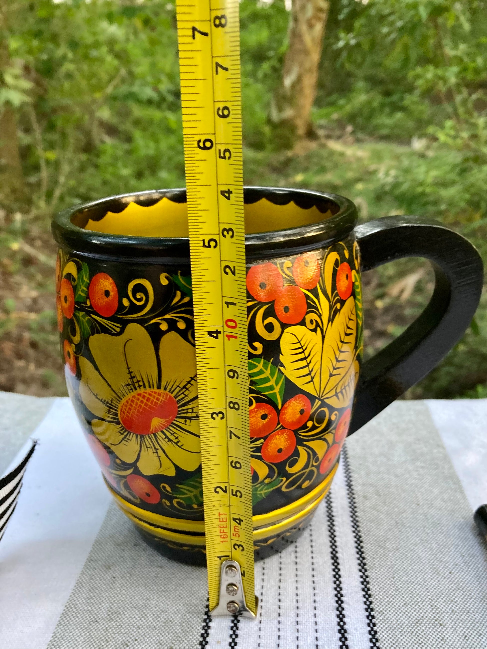 khokhloma, russian khokhloma, vintage khokhloma, russian folk art, hand painted wooden bowl, lacquered wood mug, khokhloma spoon, russian lacquerware, folk art set, painted berries flowers, soviet era khokhloma, traditional russian tableware, wooden cup spoon bowl, yellow floral khokhloma, black background khokhloma, russian souvenir, hohloma painting, khokhloma gift, wooden ladle, folk art mug thebrokenbirdcompany free shipping russian art USSR