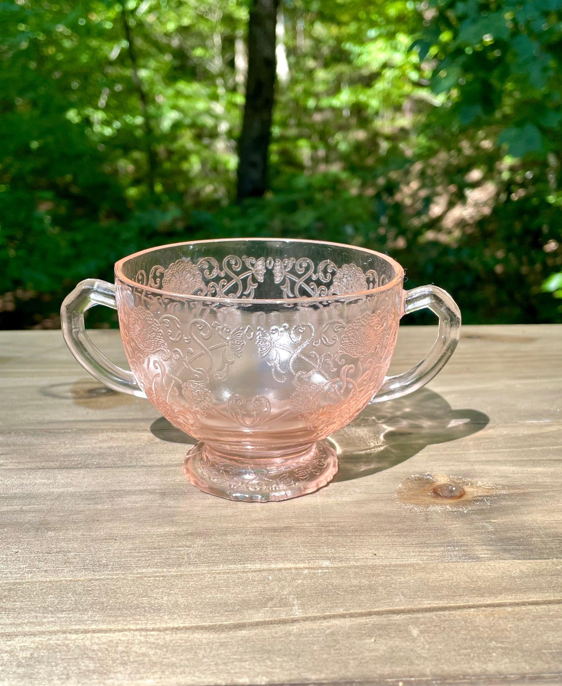 Vintage Blush Pink Footed Bon Bon Dish 1943 Kay Pattern Produced by Lancaster Glass Company pink depression glass blush pink rose pink elegant cup floral etched pedestal cup thebrokenbirdcompany free shipping rare pink glass gift for her christmas princess cup floral etched pink