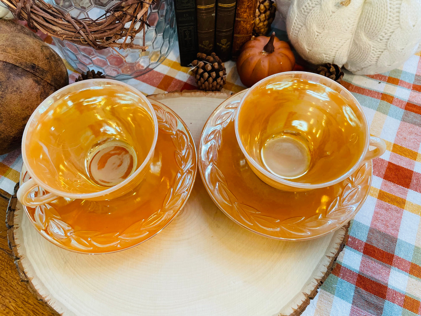 Antique 1950s Fire King Peach Lusterware Tea Set